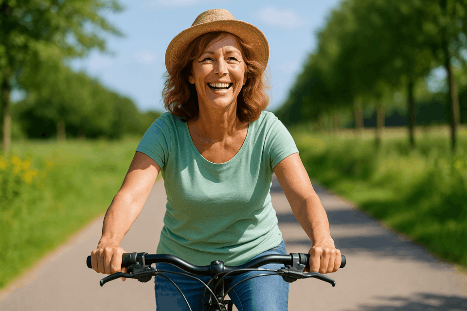‘Lachende vrouw fietst ontspannen buiten
