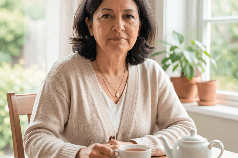 Ontspannen vrouw zit aan tafel met een kopje thee