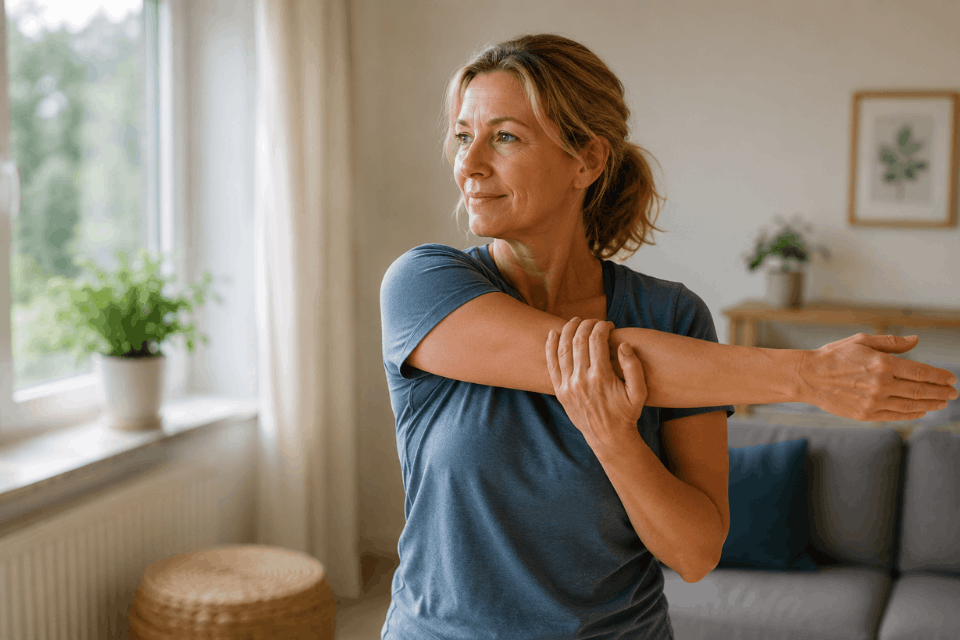 Vrouw beweegt bewust haar schouder en arm tijdens een rustig oefenmoment thuis